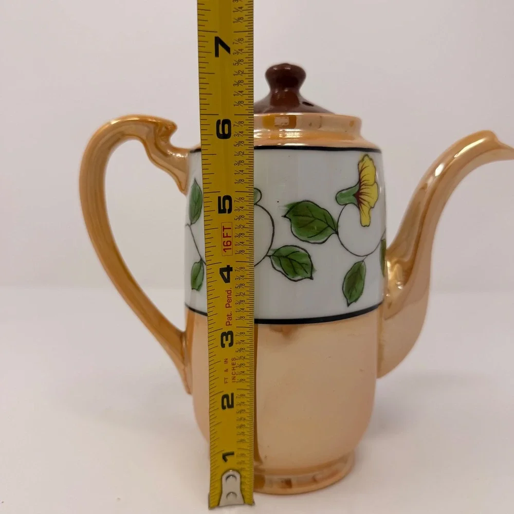 Vintage Japanese Lusterware Teapot Peach Hand Painted Parrot‎ Floral Made Japan